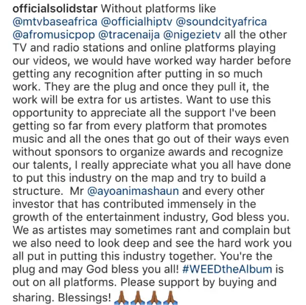 Solidstar apologizes to Headies and MTV base for previous rant